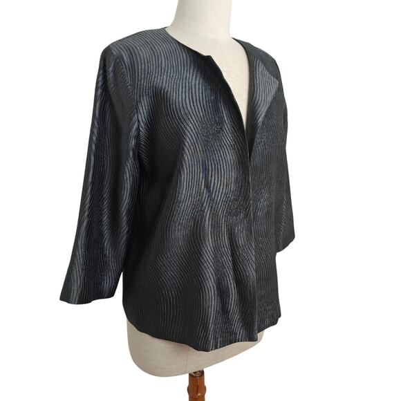 Eileen Fisher Silk Blend Wavy Textured Open Front Jacket Topper Size Medium Gray - Picture 4 of 9